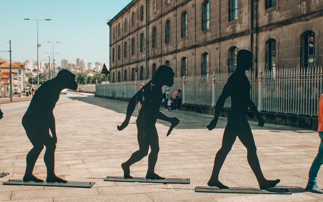 Statuen von Affen, die den aufrechten Gang lernen