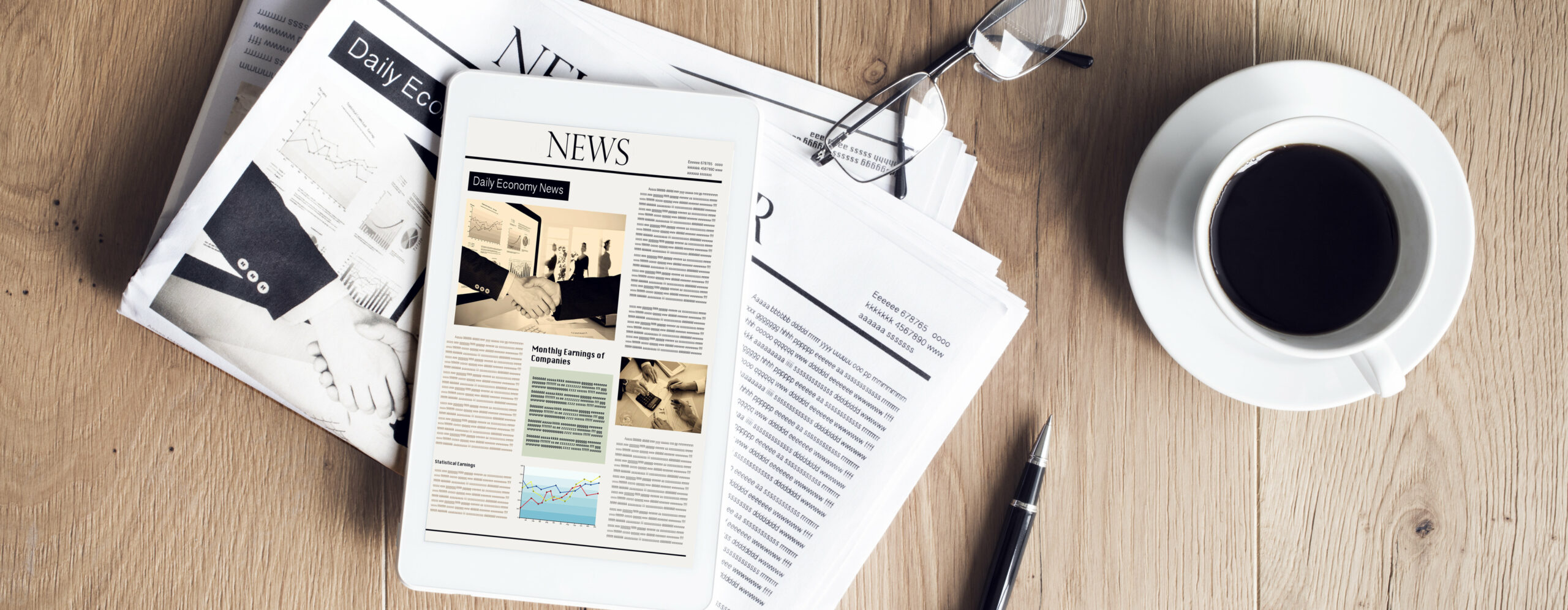 Medientypen in der Mediaplanung: Paid Media, Owned Media und Earned Media Zeitungen und Tablet mit News