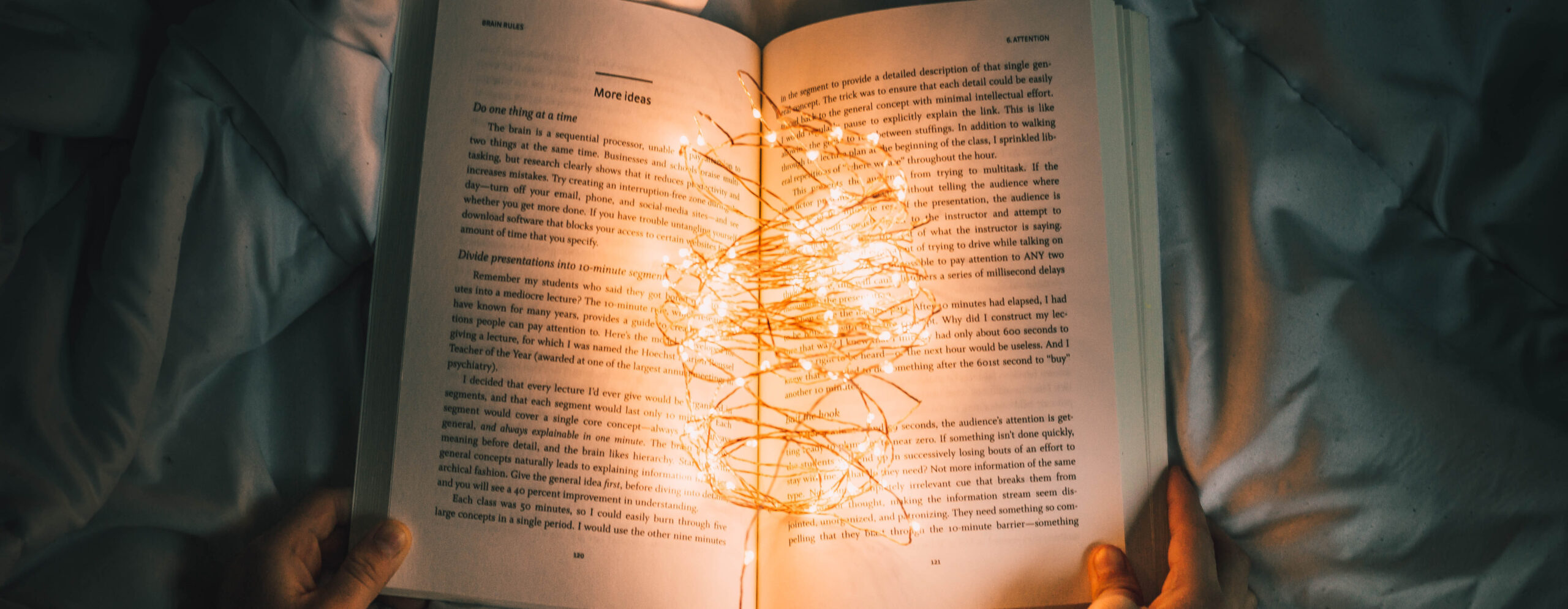 Buch aufgeschlagen mit Lichterkette