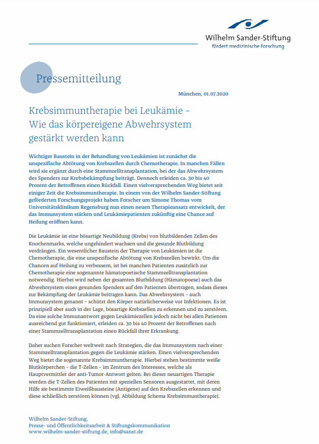 Pressemitteilung der Wilhelm Sander-Stiftung