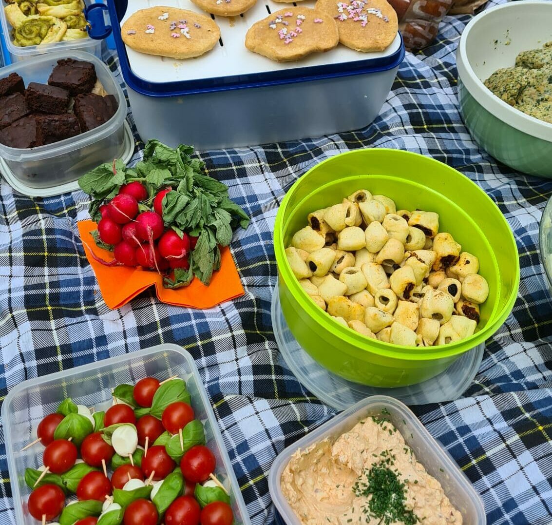 Ein Foto von mitgebrachtem Essen auf einer Picknickdecke.