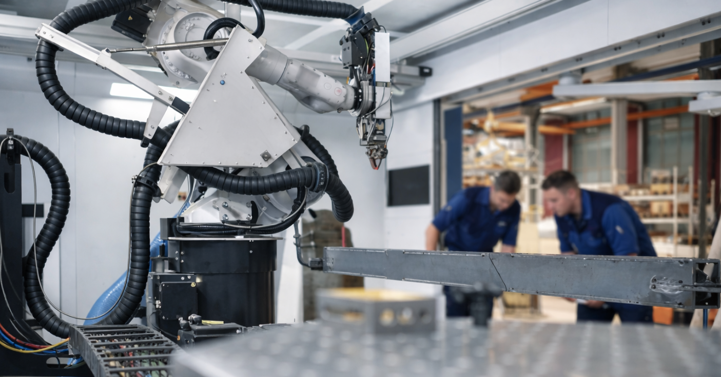 Zwei Männer arbeiten im Vordergrund befindet sich eine große Maschine aus dem mechatronischen Bereich